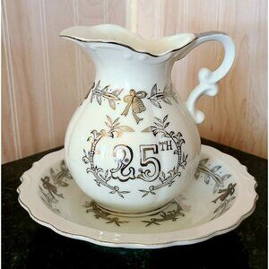 Lefton China Hand Painted 25th Anniversary Bowl And Pitcher from Japan #5992